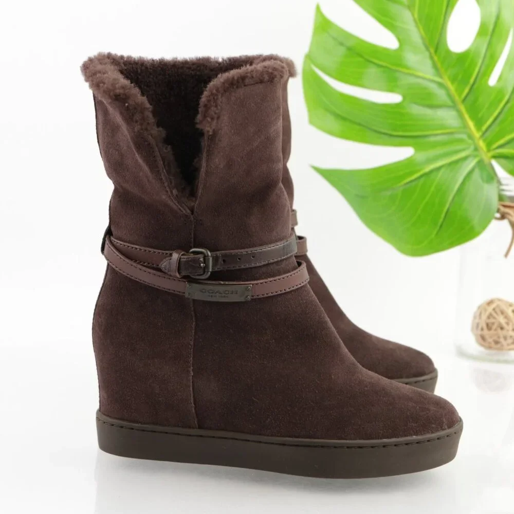 Coach Womens Norell Boots Size 6.5 Brown Suede Hidden Wedge Sherpa Lined Booties